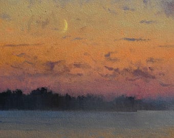 Original Ölgemälde Sonnenuntergang Mond See Landschaft auf Holzplatte 18x19 cm, 2024