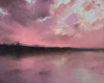 Original Abstract Sunset Oil Painting: Landscape Art with Pink Sky