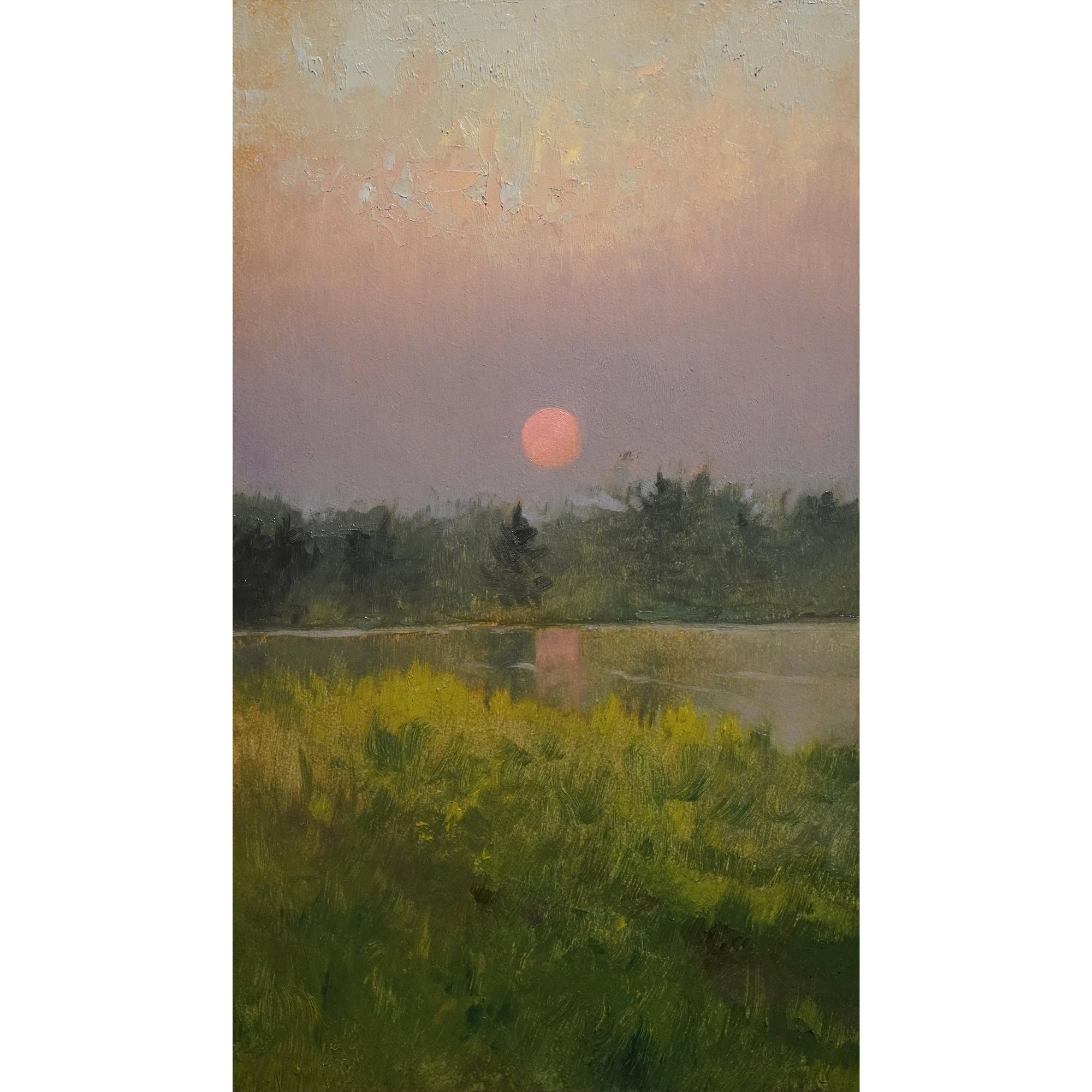 Original Moon Oil Painting, Lake Forest Landscape Wall Art (Long Vertical Artwork)