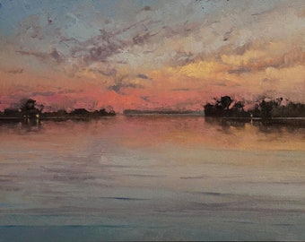 Impressionist Lake Sunset Landscape Oil Painting Original 8x10", 2024