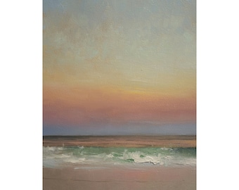 Original Sunset Ocean Beach Oil Painting Impressionist Landscape Art For Living Room Vertical 9x6.5 Inches