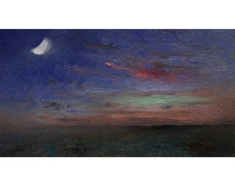 Original Moon Landscape Oil Painting - Small Impressionist Artwork for Bedroom