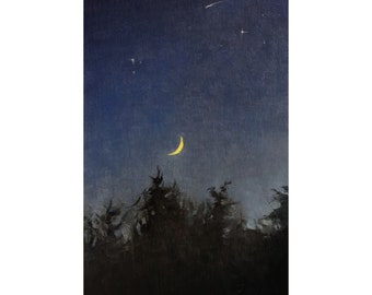 Moon Landscape Oil Painting Original on Wood Panel, Night Sky Vertical Wall Art