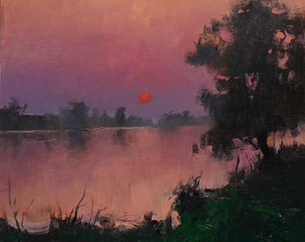 Original Sunset Landscape Oil Painting, Tonalist Wall Art, Lake Decor