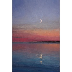 Crescent Moon Oil Painting Original, Sunset Lake Landscape Wall Art