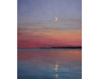 Crescent Moon Oil Painting Original, Sunset Lake Landscape Wall Art