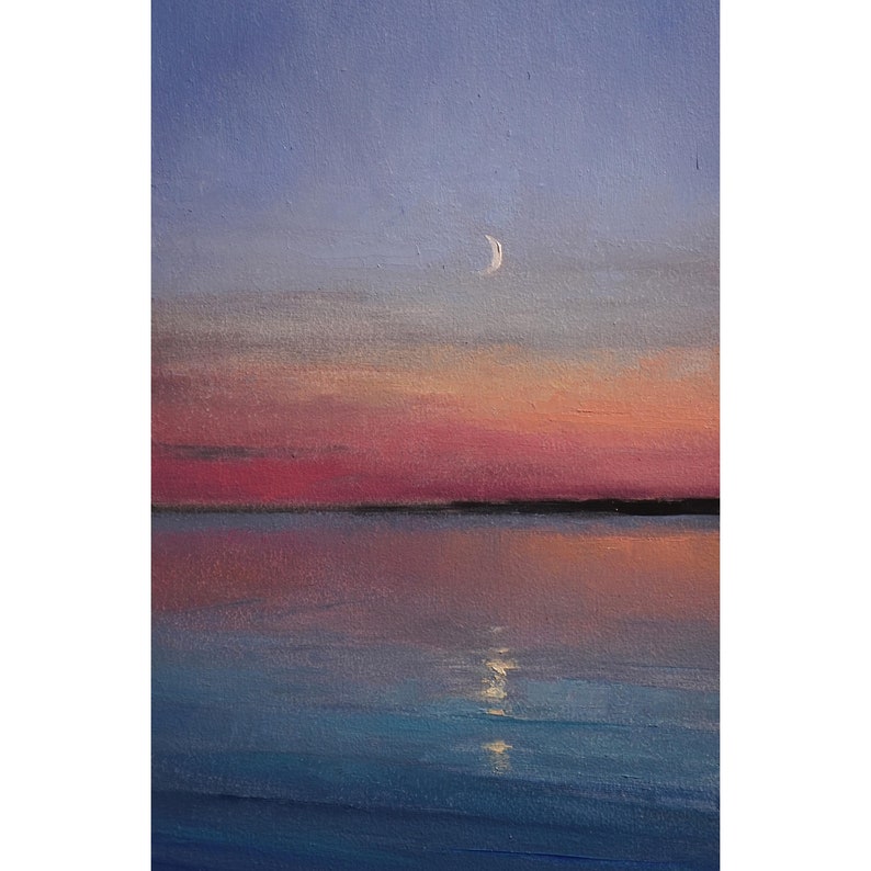 Crescent Moon Oil Painting Original, Sunset Lake Landscape Wall Art image 1