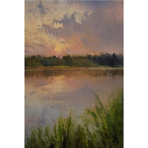 Original art landscape oil painting sunset lake wall small artwork for bedroom peaceful