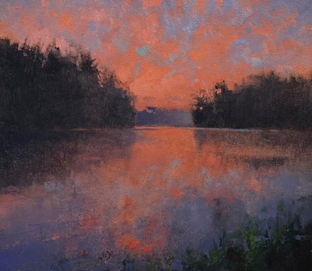 印象派 ピンクの夕焼け風景油絵 オリジナル 7x8