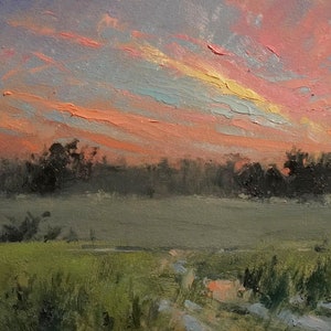Impressionist Sunset Landscape Oil Painting Original, Grass Field Wall Art 8x5.5 Inches
