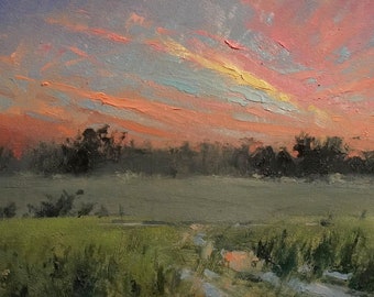 Impressionist Sunset Landscape Oil Painting Original, Grass Field Wall Art 8x5.5 Inches