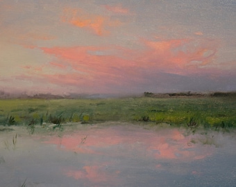 Tranquil Sunset – Original Oil Painting of Serene Landscape with Water Reflections