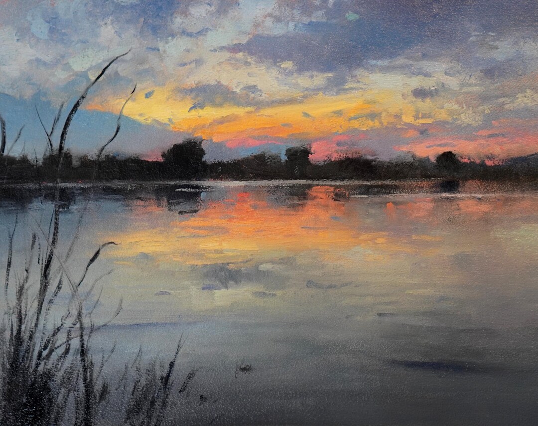 Original Sunset Lake Landscape Oil Painting, Small Wall Art, House ...