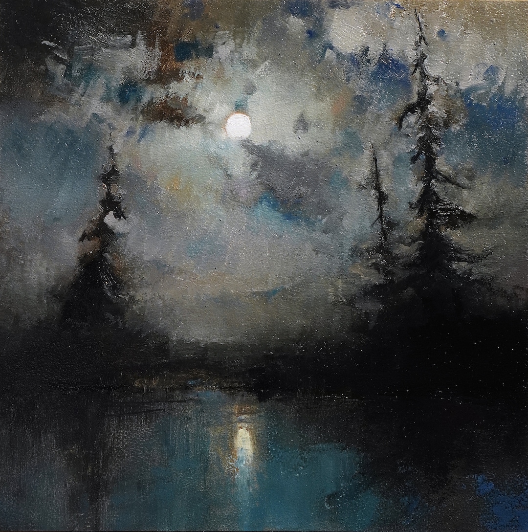 ネクタイ P8 絵画 油彩画 oil painting art 8x8 Moonlight Oil Painting Art Print: Forest Landscape Wall Art
