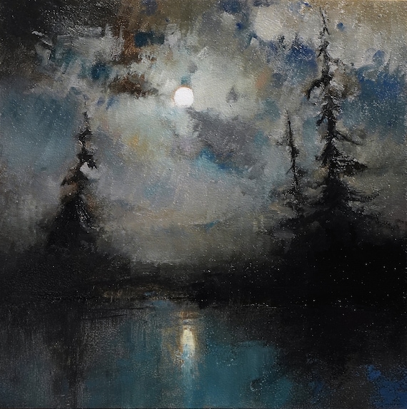 8x8 Moonlight Oil Painting Art Print: Forest Landscape Wall Art