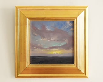 Gold Frame Original Cloudscape Oil painting on Wood Panel 7x7 , Wall Art for Living Room.