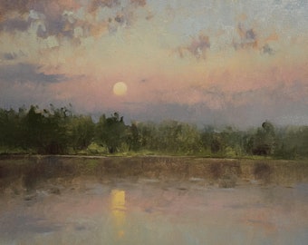 Original Moon Lake Oil Painting: Painterly Sunset Wall Art, Nature Lover Gift Idea