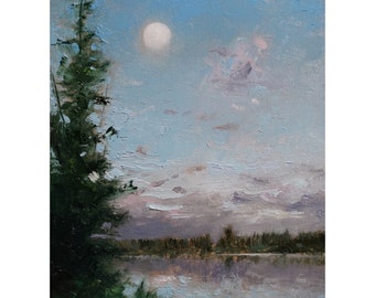 Original Moon Oil Painting: Vertical Landscape Lake Forest Wall Decor