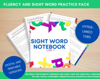 May include: A colorful sight word notebook with a cover featuring the words "Sight Word Notebook" and "List 1". The notebook has hyperlinked tabs and comes with a printable PDF and a digital version for use in Goodnotes and Noteshelf.