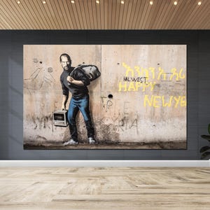 Banksy uses Steve Jobs artwork to highlight refugee crisis Canvas Print Modern Wall Art Urban Graffiti Wall Art Trendy Room Art