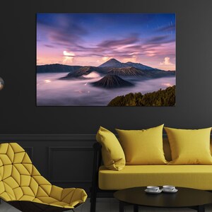 VOLCÁN MONTE BROMO Isla de Java Indonesia Impresión en lienzo Arte Lienzo moderno Diseño de pared para casa Lienzo multipanel Impresión de volcán Arte paisajístico