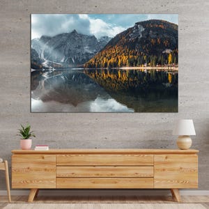 Mountain Range With A Lake Surrounded By Trees Wall Print Canvas art Interior design Wall Art