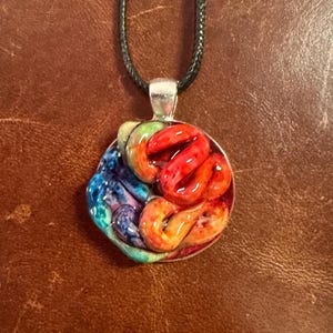 Può includere: Una collana con pendente colorato con una montatura rotonda color argento. Il pendente presenta un design a spirale di tonalità rosse, arancioni, gialle, verdi, blu e viola. La collana ha un cordino nero.
