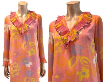 Vintage 1960s Floral Ruffle Neck Dress