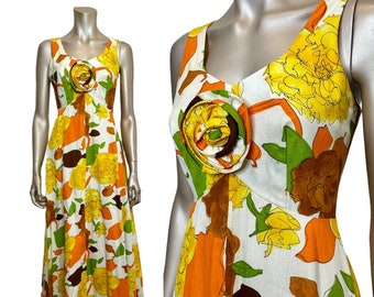 Vintage 1970s Floral Barkcloth Julie Miller Dress