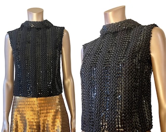 Vintage 1960s Custom Made Ribbon Knit and Sequin Top Size S/M