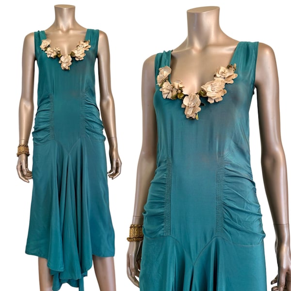 Vintage 1920s Teal Flapper Dress with Flowers
