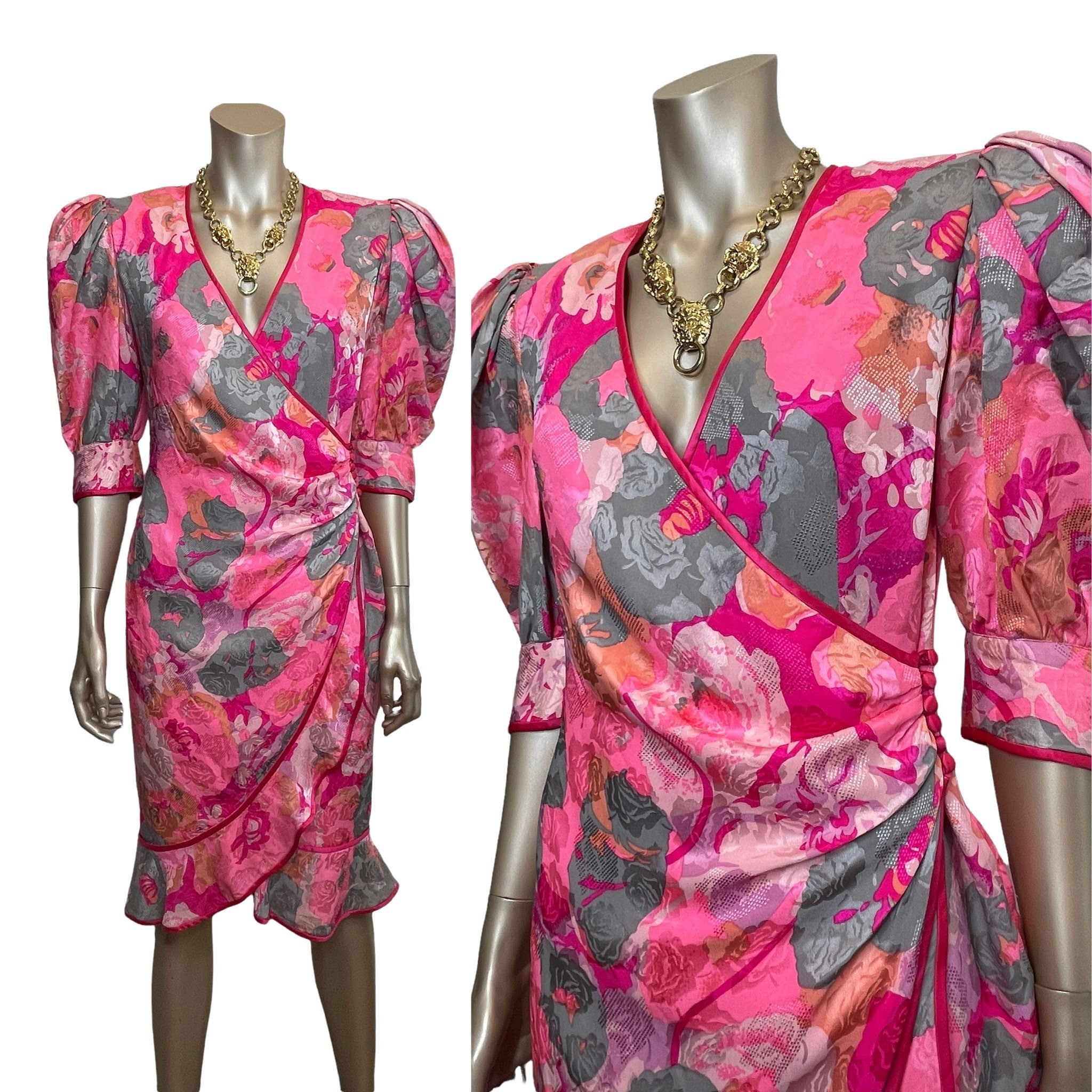 Vintage 1980s Pink Silk Floral Dress by Flora Kung - Etsy display picture 1