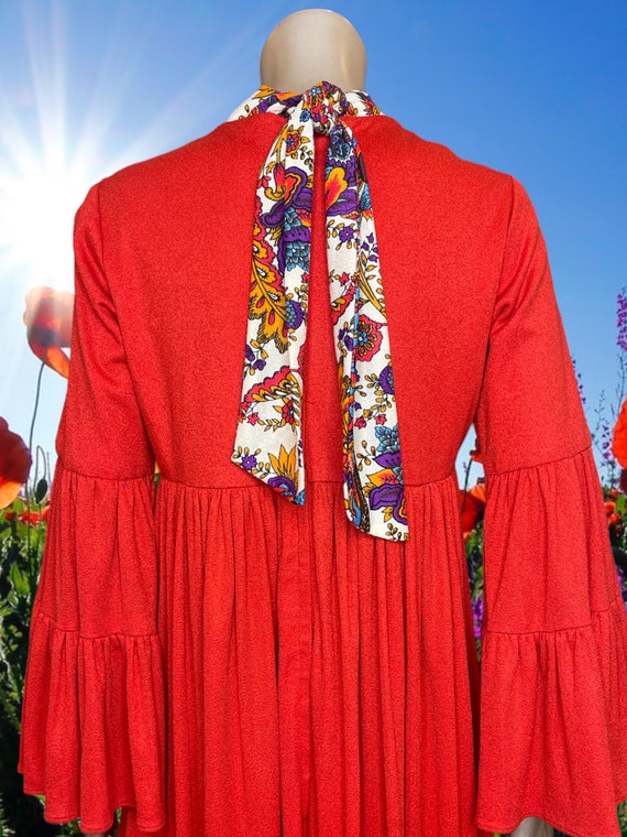 Vintage 1970s Red Bell Sleeve High Neck Hippie Dr… - image 5