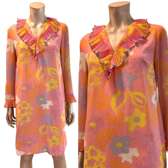 Vintage 1960s Floral Ruffle Neck Dress - image 1