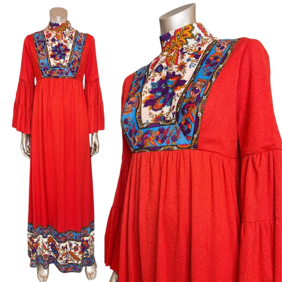 Vintage 1970s Red Bell Sleeve High Neck Hippie Dr… - image 1