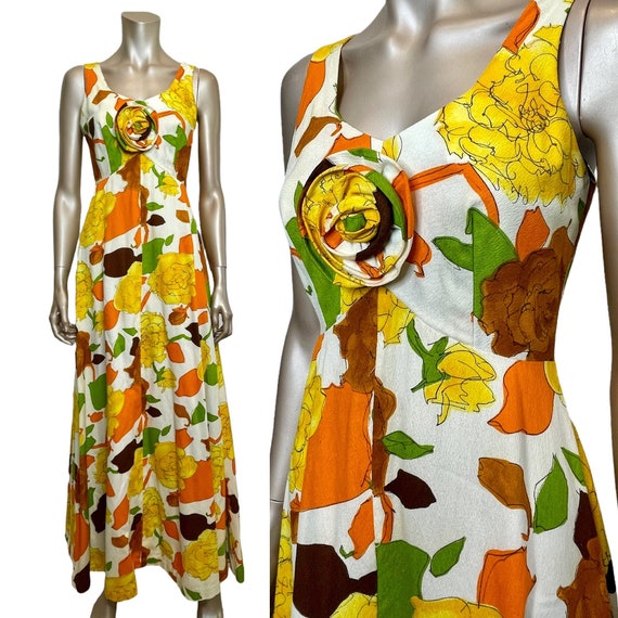 Vintage 1970s Floral Barkcloth Julie Miller Dress