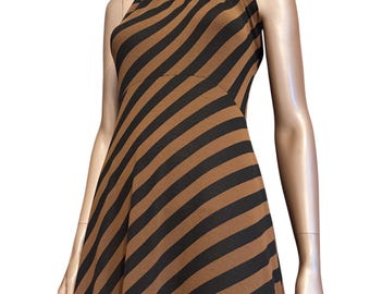 Vintage 1970s Striped High Neck Dress with Sexy Deep V Back- Matching Caridgan