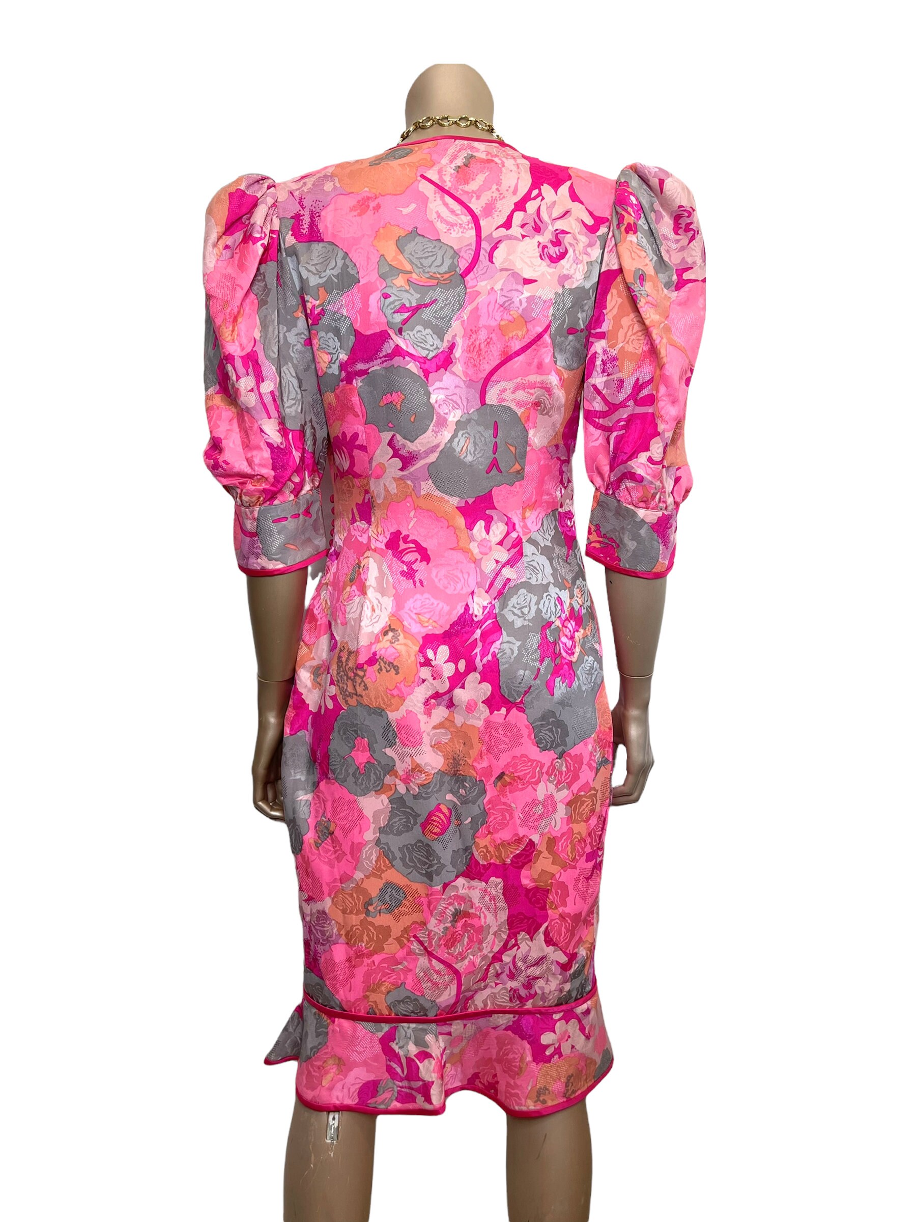 Vintage 1980s Pink Silk Floral Dress by Flora Kung - Etsy display picture 1