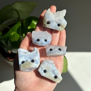 May include: A collection of six small, light blue and white crystal cat figurines with black bead eyes and smiling faces. The figurines are held in a hand, with a plant visible in the background.