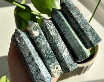 Moss Agate Tower A–E | Choose Your Crystal | Green Moss Agate Point | Grounding Crystal | Nature Energy | Heart Chakra Stone