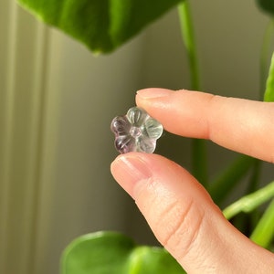 Puede incluir: Una pequeña gema translúcida en forma de flor con un diseño delicado tallado. La gema se sostiene entre los dedos, mostrando sus intrincados detalles y sutiles variaciones de color púrpura y verde. El fondo presenta una planta verde.