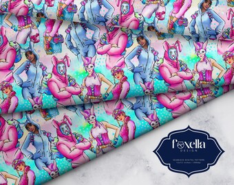 May include: Seamless digital pattern featuring cartoon characters in bunny costumes, in shades of pink and blue. The design includes characters with bunny masks and outfits, set against a colorful, abstract background. The pattern is 12x12 inches.