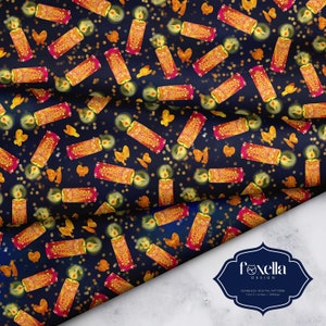 May include: Seamless digital pattern featuring a dark blue background with repeating illustrations of lit candles, butterflies, and gold confetti. The candles are orange and red with intricate designs. The pattern is labeled "Foxella Design".