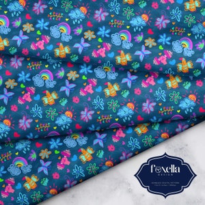 May include: A seamless digital pattern featuring a colorful, whimsical design with rainbows, clouds, birds, butterflies, flowers, hearts, and sunbursts on a dark blue background. The pattern is perfect for fabric, wallpaper, or other creative projects.