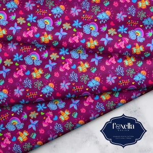 May include: Seamless digital pattern on a dark purple background. The design features colorful illustrations of butterflies, dumbbells, rainbows, clouds, flowers, and hearts. The pattern is repeated across the fabric. The image includes the text "foxella DESIGN" and "SEAMLESS DIGITAL PATTERN 12x12 inches / 300dpi".