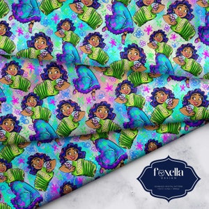 May include: Seamless digital pattern featuring a cartoon woman playing an accordion. The design includes a repeating pattern of the woman in a teal dress with purple accents, holding a green accordion, set against a colorful background with flowers and butterflies.