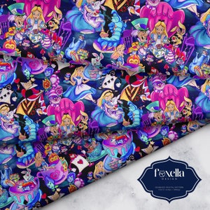 May include: A seamless digital pattern featuring a whimsical Alice in Wonderland theme. The pattern is filled with colorful characters and objects from the story, including Alice, the Mad Hatter, the Cheshire Cat, and the Queen of Hearts. The background is a dark blue with a starry effect.