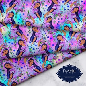 May include: Seamless digital pattern featuring a repeating design of a woman in a purple dress with long black hair, holding flowers. The background is a colorful blend of blue, pink, and purple with star accents. The pattern is 12x12 inches.
