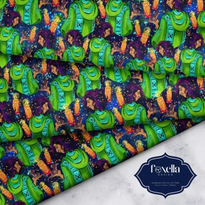 May include: Seamless digital pattern featuring a repeating design of a person in a green robe, holding a mouse, with lit candles on a dark blue background. The design includes a Foxella Design logo and the text "SEAMLESS DIGITAL PATTERN 12x12 inches / 300dpi."