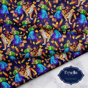 May include: Seamless digital pattern featuring a repeating design of a girl playing an accordion, a cheetah, a donkey, candles, and butterflies on a dark blue background. The design includes the text "foxella DESIGN" and "SEAMLESS DIGITAL PATTERN 12x12 inches / 300dpi".